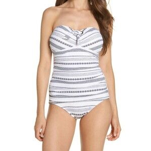 Tommy Bahama Women's Striped Shirred Tummy Control Bandeau Swimsuit 4 White